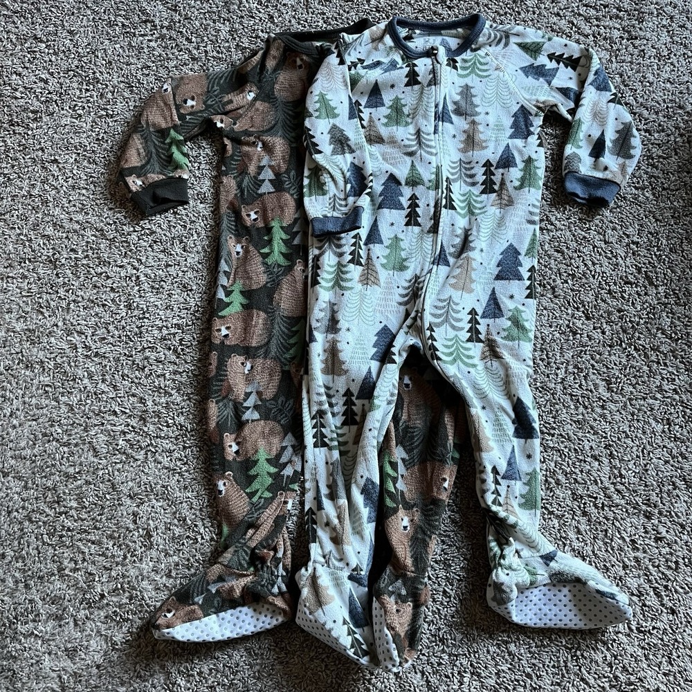 Lot Of 2 - Children's Place 2T Fleece Footie Pajamas Outdoor Theme Bears Trees